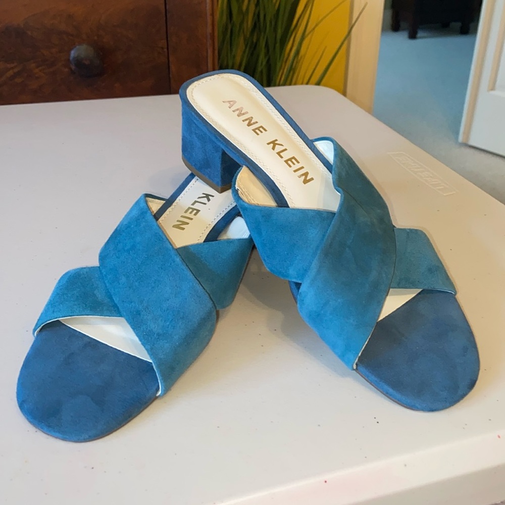 Anne Klein Teal Blue Suede Leather Criss Cross Slide Sandals “Aksansa”